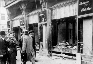 A picture of a shop destroyed during Kristallnacht