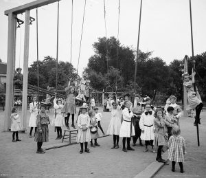 A picture of a dangerous playground with high swings on Harriet Island