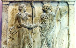 A picture of Hera shaking hands with Athena