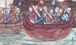 A picture of knights on a ship