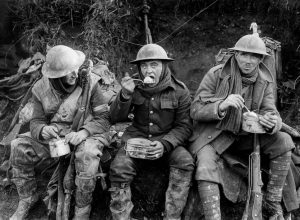 A picture depicting British troops eating their rations in the Ancre Valley.