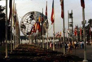 A picture of the Unisphere with world flags