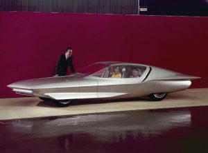 A picture of a car of the future on display at the General Motors Pavilion