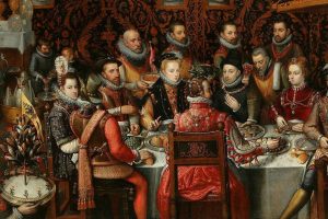 A picture of the wealthy Tudors eating- Elizabethan Food