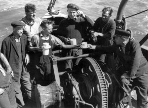 A picture of the crew drinking tea