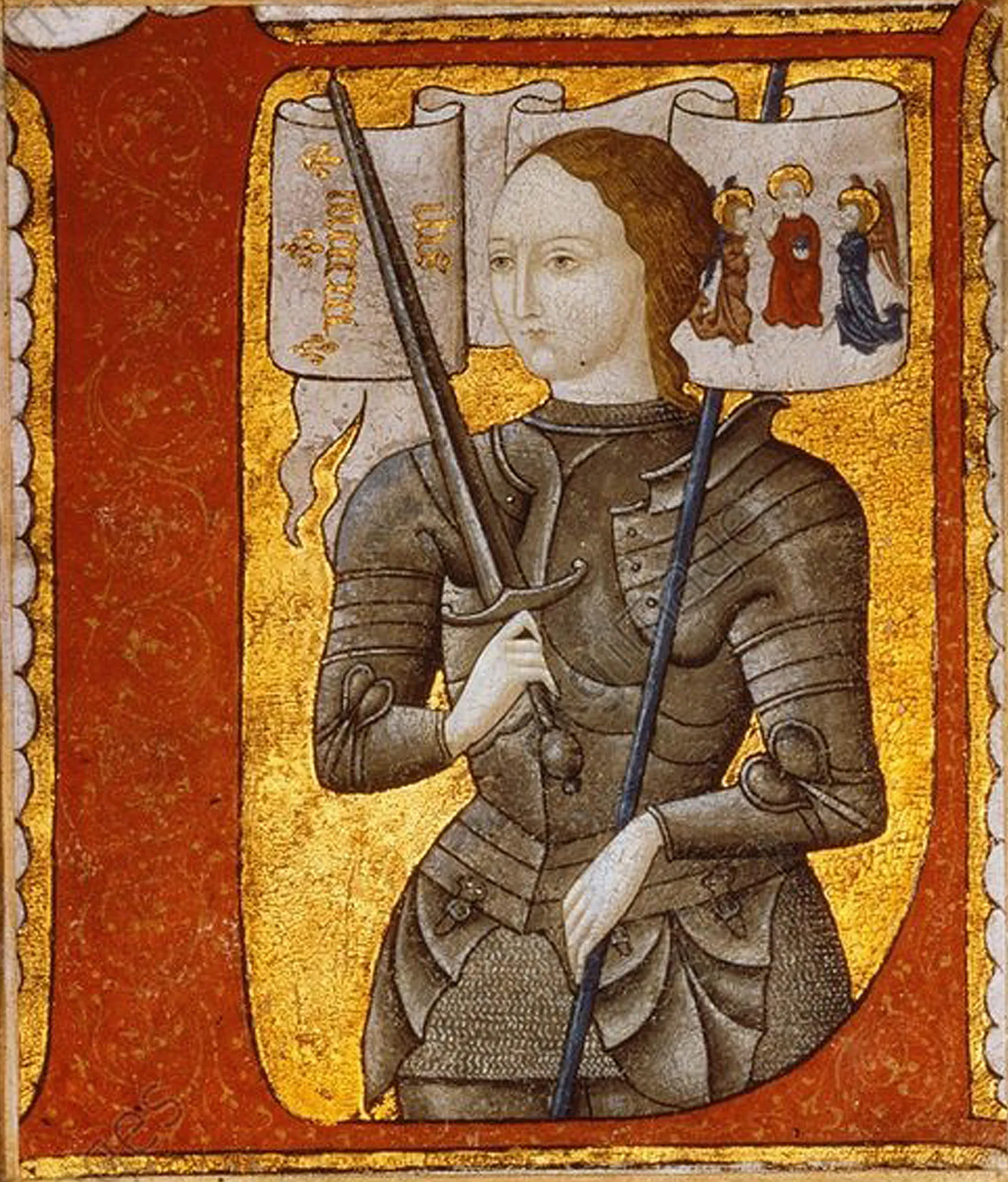 Painting of Joan of Arc in armour holding a banner
