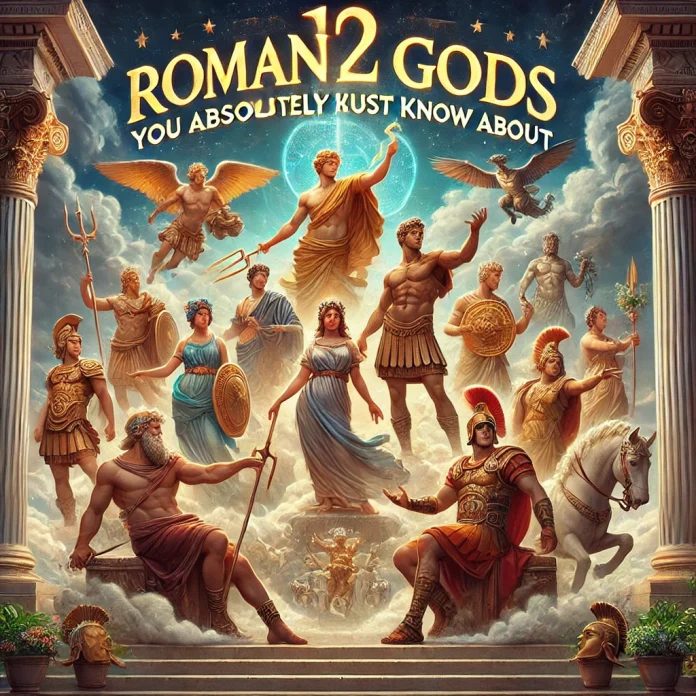 Illustration of twelve major Roman gods and goddesses in classical Roman style