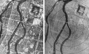 A picture depicting Hiroshima before and after the nuclear bombing