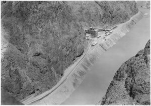 An aerial view of the dams structure during the construction of the Hoover Dam