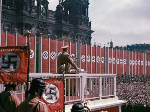 A picture of Hitler addressing the crowd at the Lustgarten, Berlin, 1938.