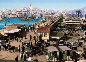 A colour picture depicting the Galata Bridge and a view of Pera, an old district of Constantinople.