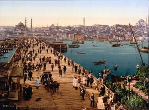 A picture depicting the Galata Bridge, which is located at the northern shore of the Golden Horn- colour pictures contantinople