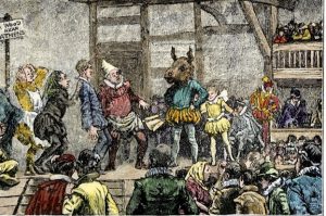 A picture depicting an Elizabethan play in progress