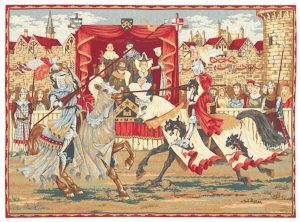 A tapestry depicting history of medieval jousting