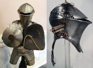 A picture of the frog mouth helmet and a medieval jousting armour