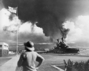 A picture of the burning American ships-Attack on Pearl Harbor