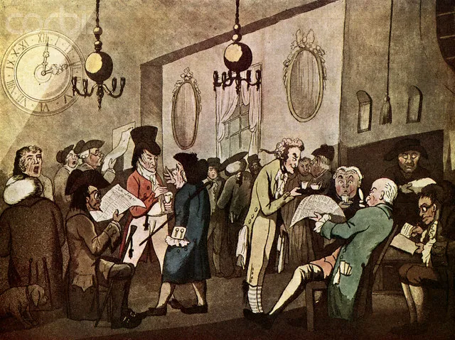 Eighteenth-century engraving of Edward Lloyd’s Coffee House in London, with men in wigs and coats gathered inside talking and reading.