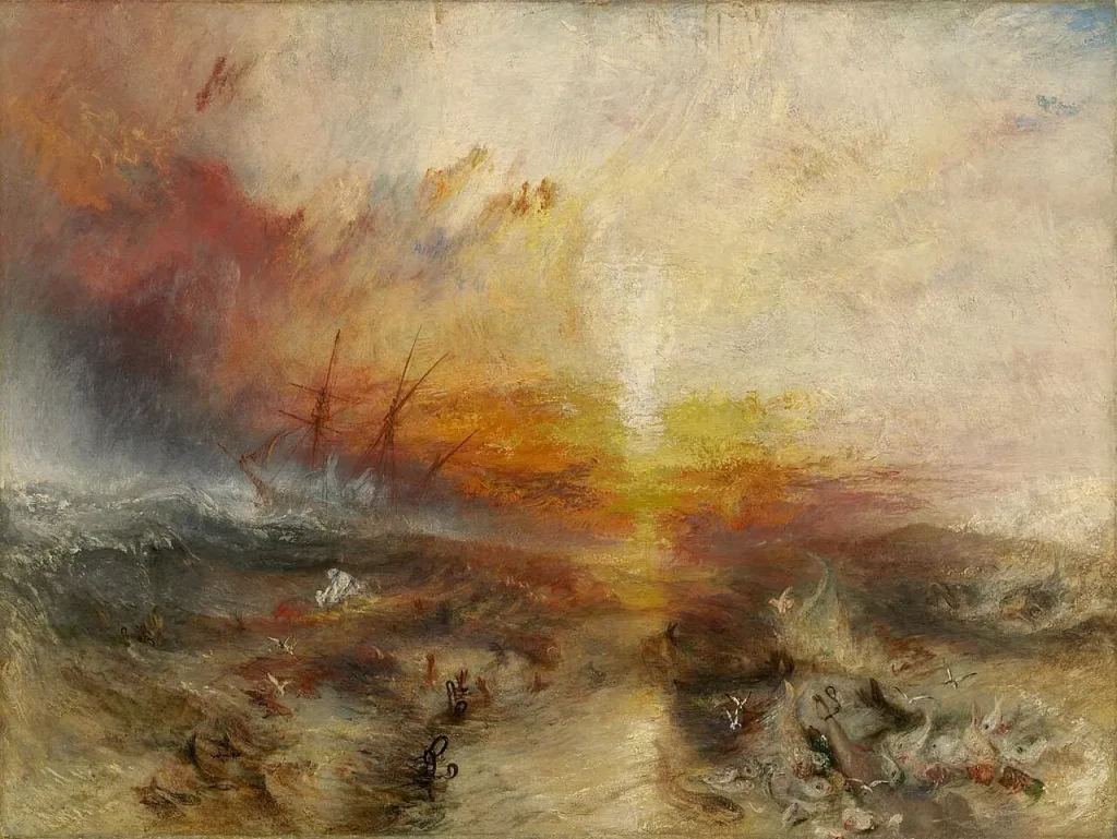 J.M.W. Turner’s 1840 painting The Slave Ship, showing a stormy sea, a slave ship in the distance, and chained human limbs in the water beneath a blood-red sky.